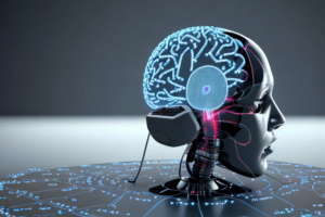 Ilustración de un cerebro robótico conectado a un complejo sistema de redes neuronales artificiales."