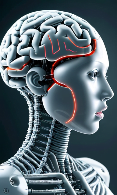 Imagen de un androide con un cerebro de inteligencia artificial, simbolizando la fusión de la tecnología y la inteligencia humana.