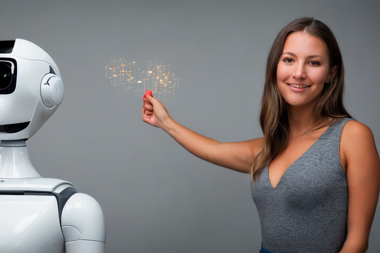 Imagen de una chica trabajando junto a un androide con inteligencia artificial, colaborando en armonía en un entorno de trabajo futurista.