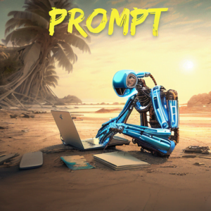 Ilustración de un robot manejando un portátil en un entorno tecnológico